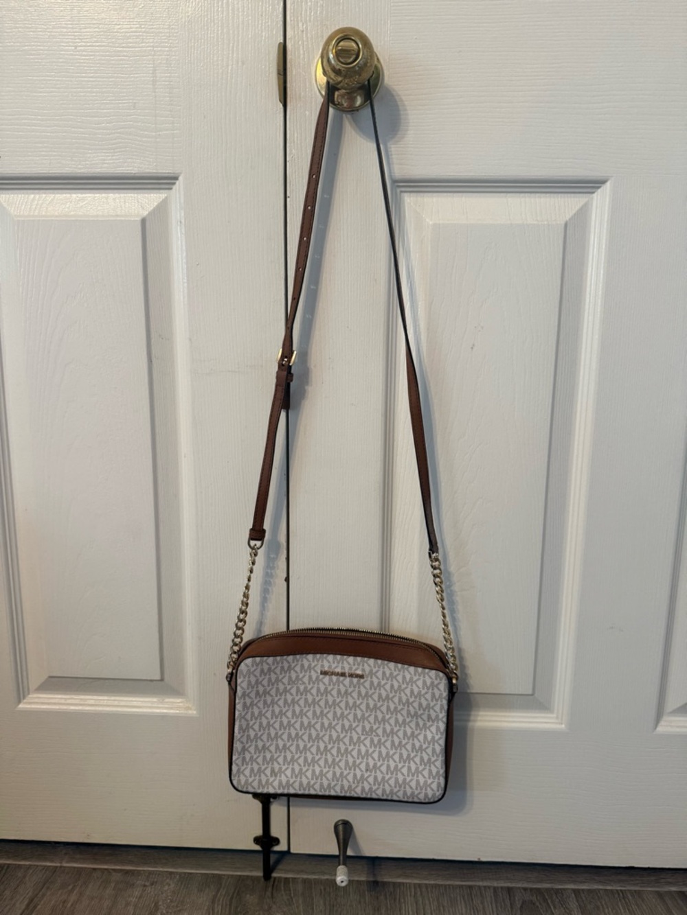 Michael Kors Brown and White MK Logo Crossbody Bag
